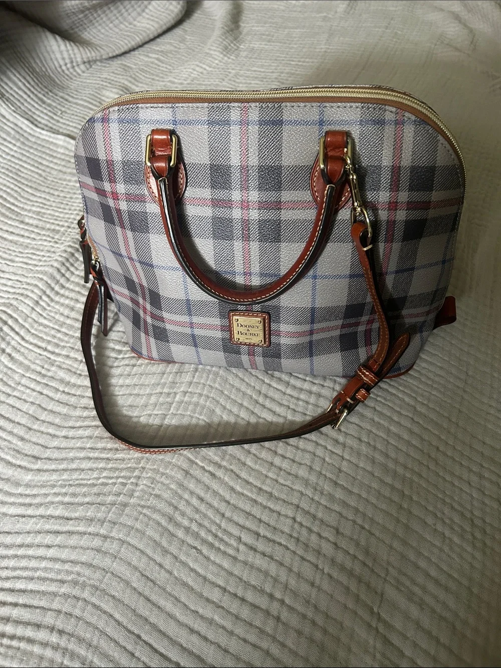 Dooney & Bourke Gray Plaid Satchel with Brown Leather Trim and Strap